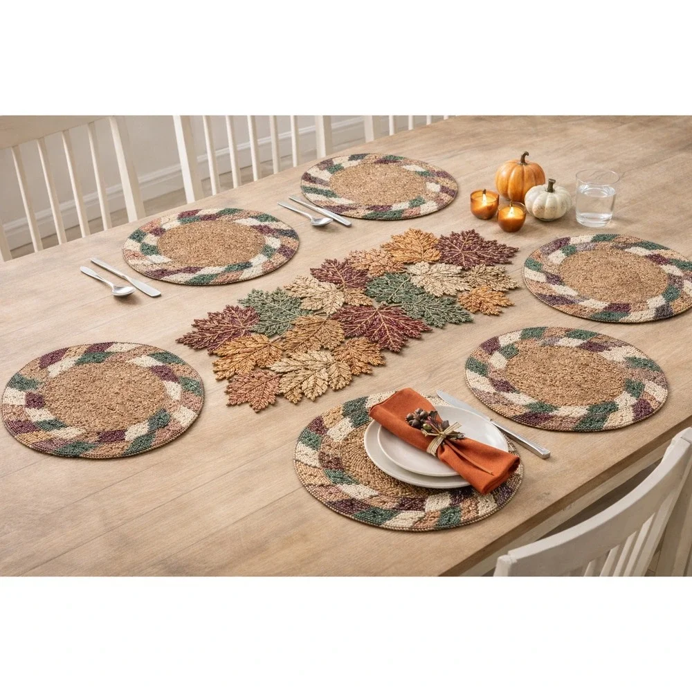 Bed Bath & Beyond Beaded Fall Table Runner and 6 Placemats Set Autumn‎ Harvest